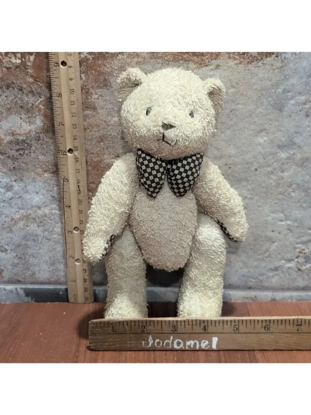 Vintage Tan Brown Teddy Bear Fully Jointed  Checkered Bow 9